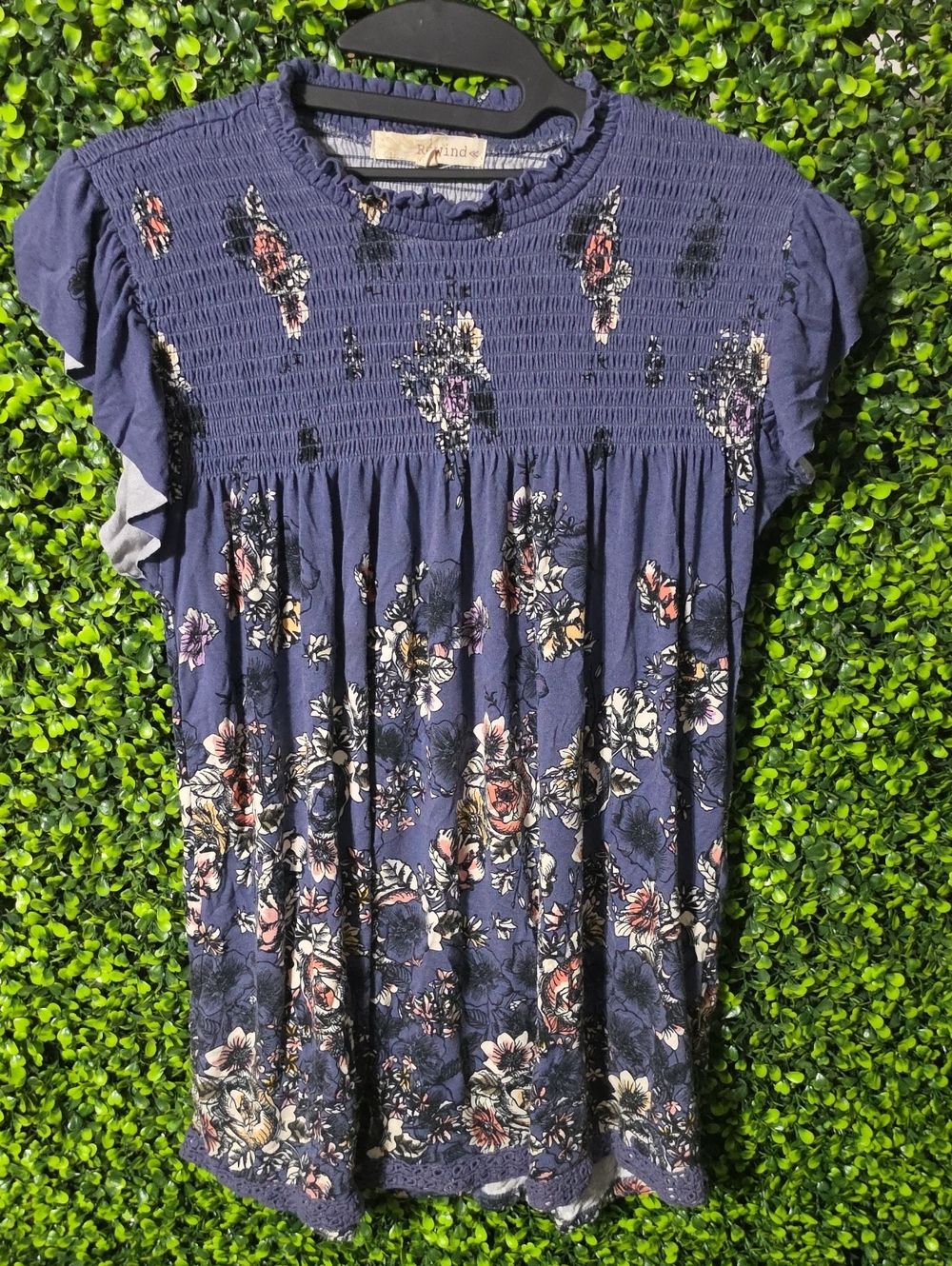 Rewind Navy Floral Smocked Short Sleeve Dress with Pink and Cream Accents